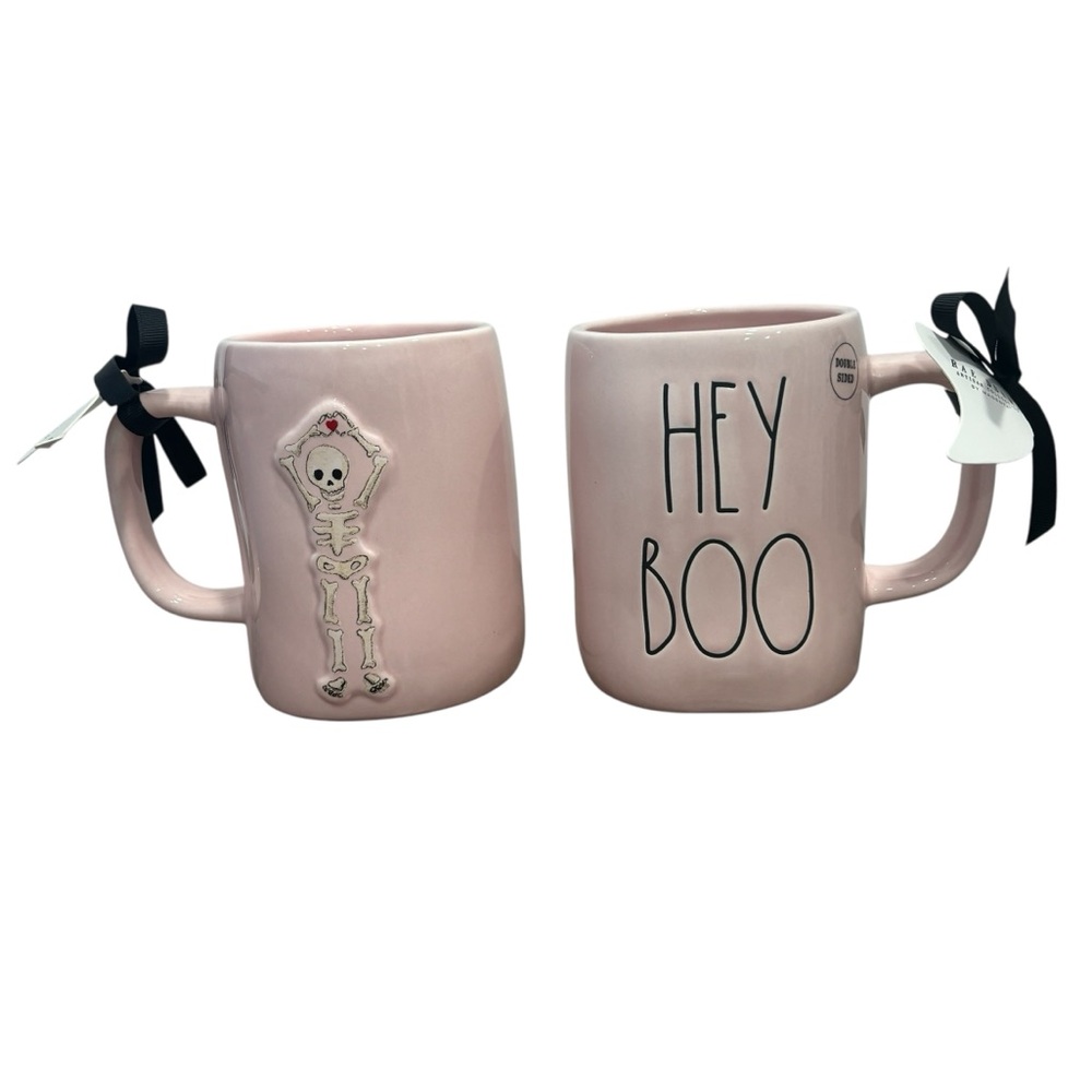 Rae Dunn Pink HEY BOO Skeleton Mug Double Sided -‎ set of 2 NEW